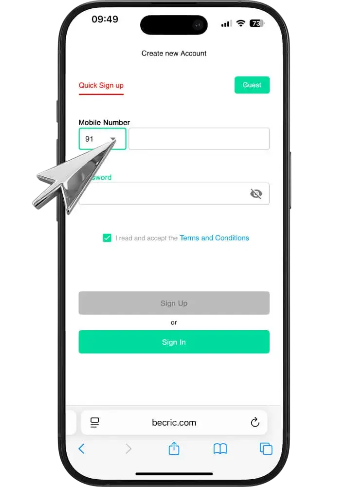 BeCric registration through the app