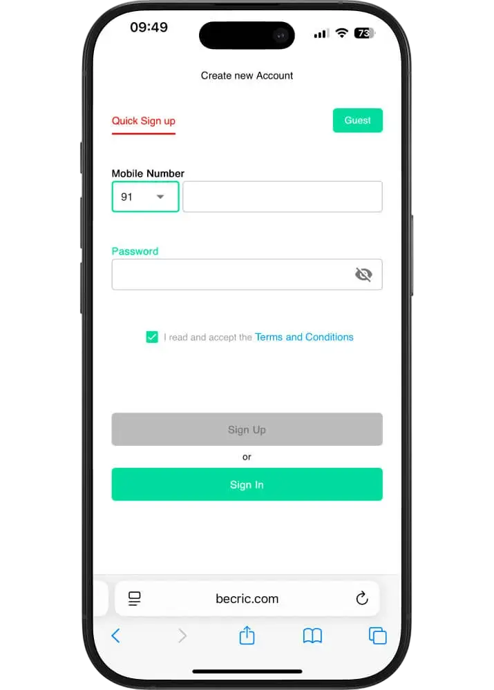 BeCric registration process