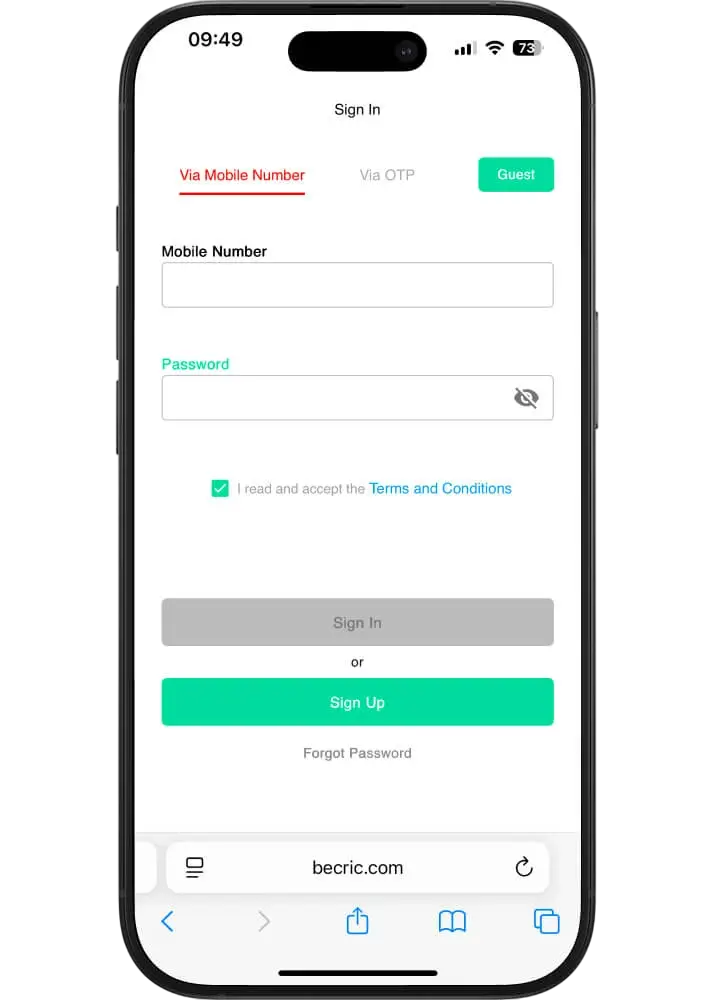 BeCric login process